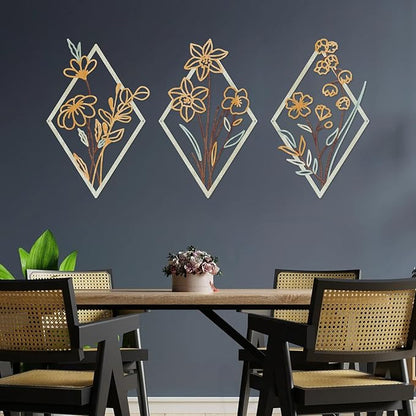 ShxTrade 3 Pcs Metal Flowers Wall Arts, Rustic Farmhouse Decor Minimalist Flower Wall Decors Natural Themed Home Decorations for Bathroom Kitchen Living Room Bedroom (Yellow)