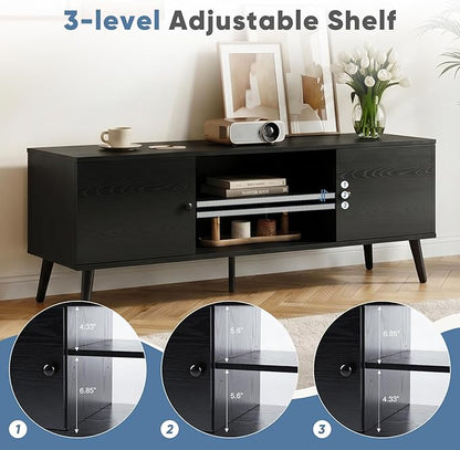 DUMOS TV Stand for 55 60 inch TV, Modern Mid Century Entertainment Center with Storage, Wooden Media Console Table with 2 Cabinets, for Living Room, Bedroom, Black