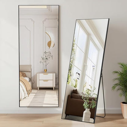 NEWBULIG Mirror Full Length, 56"x21" Body Wall Mirrors with Shatter-Proof Glass, Upgraded Floor Standing Mirror, Hanging or Leaning, with Stand Aluminum Alloy Frame for Home Decor, Bedroom, Black