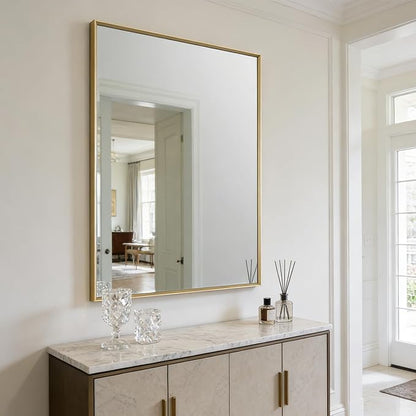 Bathroom Mirror for Wall, 30x40 Inch Metal Framed Mirror, Brushed Gold Rectangle Mirror, Bathroom Vanity Mirror Farmhouse, Tempered Glass, Anti-Rust, Hangs Horizontally or Vertically