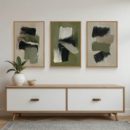 Green Abstract Framed Canvas Wall Art Set, Modern Brush Strokes Wall Decor,Neutral Tone Minimalist Green and Black Color Block Art Print for Living Room,Bedroom,Dining Room, Office-24 x36 x3