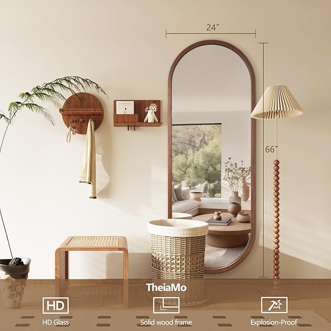 Oval Full Length Mirror, 66"X24" Walnut Full Body Mirror with Wood Frame, Large Wall Mirrors for Bathroom, Living Room, Bedroom, Bathroom, Entryway, Vertical/Horizontal