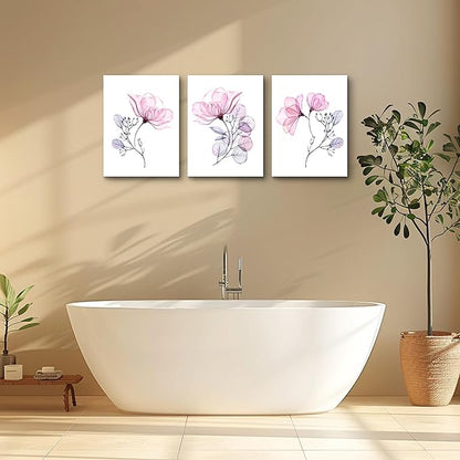 3 Piece Modern pink red Flowers Canvas Wall Art for Bedroom Living Room decor,Bathroom Wall Decor,3 Panels framed Wall Watercolor Painting Kitchen Home Decoration Canvas Print Artwork Wall Mural