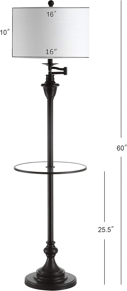 JONATHAN Y 60" Oil Rubbed Bronze Floor Lamp with Integrated Glass Side Table, Modern Swing Arm Standing Lamp for Living Room, White Linen Shade, LED Bulb Included (JYL3055C)