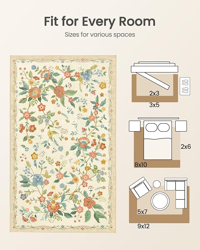 Amada 2.6x8 Washable Runner Rug, Non-Slip & Low-Profile Kitchen Area Rug with Reinforced Edge Binding, Boho Floral Pattern, Soft Long Entryway Rugs for Bedroom & Hallway