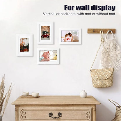 KINLINK 4x6 Frame White, Solid Wood 4 x 6 Picture Frame with Acrylic Plexiglass for 3.5x5 with Mat, Tabletop and Wall Display Photo Frames 4x6 White, 4 Pack