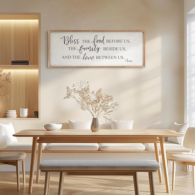 Bless The Food Before Us Home Decor Wall Sign For Family Kitchen Farmhouse Dining Room Vintage Rustic Retro Boho Wood House Wall Art Decoration For Living Room Bedroom 40 x 15 Inch brown