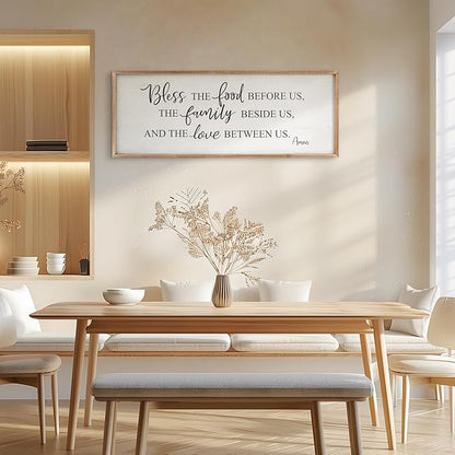 Bless The Food Before Us Home Decor Wall Sign For Family Kitchen Farmhouse Dining Room Vintage Rustic Retro Boho Wood House Wall Art Decoration For Living Room Bedroom 40 x 15 Inch brown