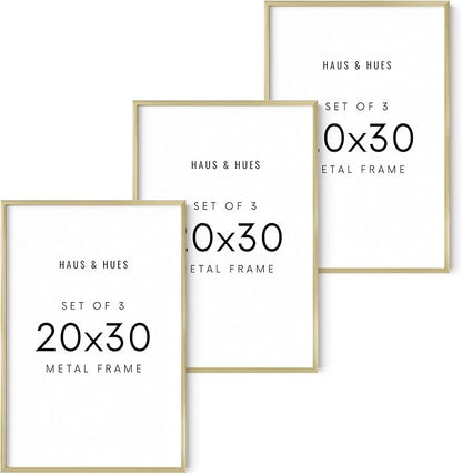 HAUS AND HUES 20x30 Gold Metal Picture Frames - Features Premium Aluminum, Vertical & Horizontal Hanging, Shatterproof Plexiglass - Perfect for Home, Office (20x30 in, Gold, Set of 3)
