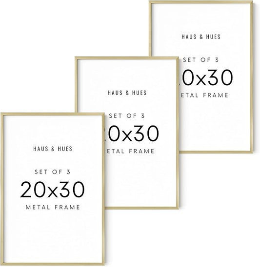 HAUS AND HUES 20x30 Gold Metal Picture Frames - Features Premium Aluminum, Vertical & Horizontal Hanging, Shatterproof Plexiglass - Perfect for Home, Office (20x30 in, Gold, Set of 3)