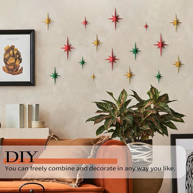 MidModArt 7PCS Mid Century Modern 3D Star Wall Art Gold Retro Starburst Sculptures Vintage Celestial Home Decor, Colored Starburst