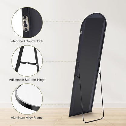 OLIXIS Arched Full Length Mirror 59"x16.3" for Bedroom, Full Body Mirror with Stand, Hanging or Leaning for Wall, Aluminum Alloy Thin Frame Floor Standing for Living Room, Long, Black