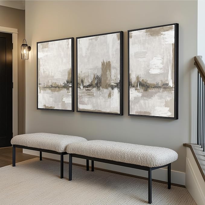 Large Framed Neutral Abstract Wall Art for Living Room, 3 Piece Brown Beige Canvas Artwork for Walls, Modern Minimalist Abstract Prints Paintings Pictures for Hallway Home Office Wall Decor, 24x36 In