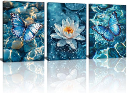 3Pcs Calm Zen Butterfly Canvas Wall Art, Blue Water Lily Pond Pictures Zen Stones White Lotus Flower Paintings Yoga Spa Spiritual Meditation Room Painting Decor Poster Art Prints for Bedroom 12"x16"x3