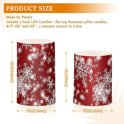 Christmas Lights Decorations Flameless Candles Christmas Background with Snowflakes Red Pillar Candles Set of 2 Battery Operated Remote Control Warm Lights