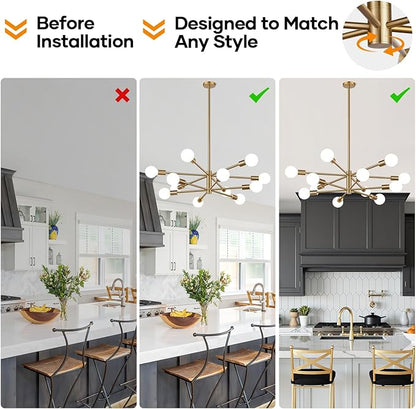 10.9"-52.3" Height Adjustable Sputnik Chandeliers Dining Room Light Fixture (12-Light, 33-Inch), Modern Brushed Brass Chandelier, Mid Century Modern Chandeliers for Dining Room (Bulbs not Included)