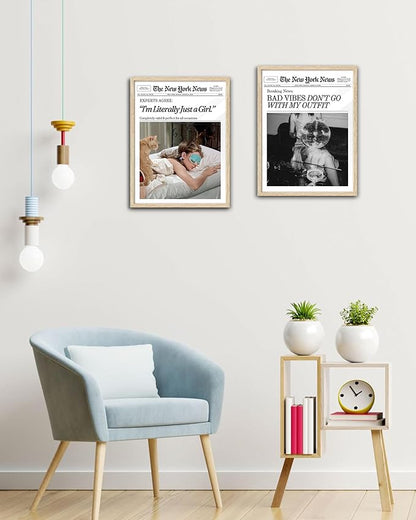 EcoHest Small Trendy Newspaper Magazine Framed Wall Art, 8x10 in OAK Wood Bad Vibes Don't Go With My Outfit Disco Bar Canvas Wall Art, Preppy Retro Home Decor For Bedroom Living Room 1Pack