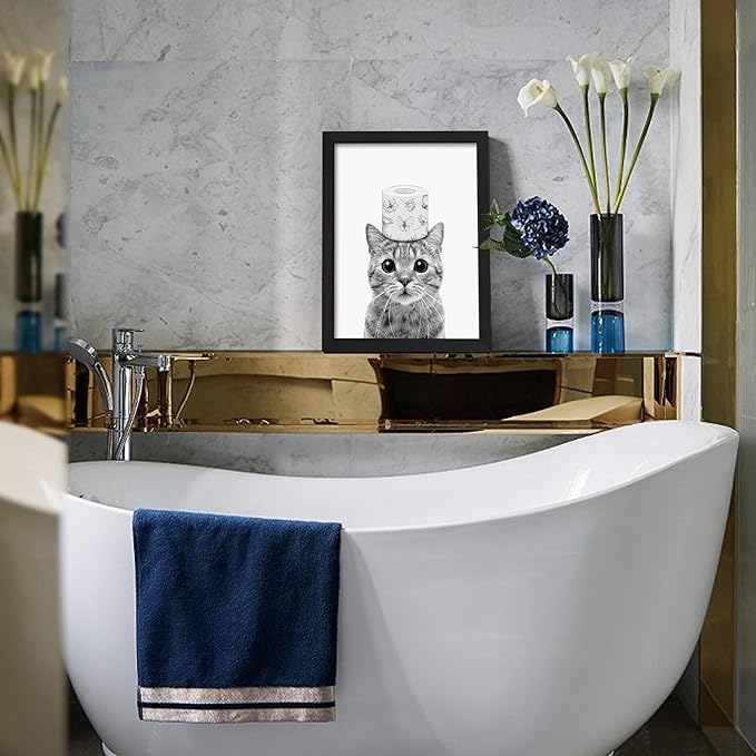 Toilet Paper Prints - Cute Cat Wall Art - Funny Black and White Decor, Canvas Wall Art for Bathroom