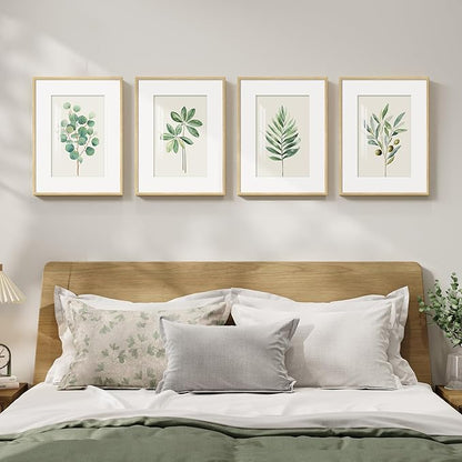 Framed Minimalist Sage Green Botanical Wall Art for Bedroom, Farmhouse Boho Plant Artwork for Walls, 4 piece Vintage Leaf Picture Prints for Bathroom Living Room Kitchen Wall Art Decor, 12x16 Inch