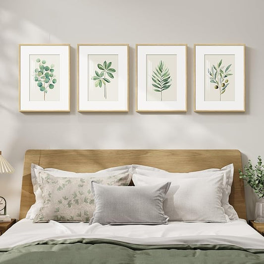 Framed Minimalist Sage Green Botanical Wall Art for Bedroom, Farmhouse Boho Plant Artwork for Walls, 4 piece Vintage Leaf Picture Prints for Bathroom Living Room Kitchen Wall Art Decor, 12x16 Inch