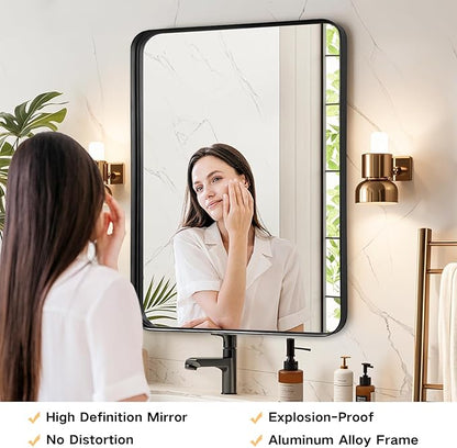 Black Wall Mirror for Bathroom - 28x36 Inch Black Vnaity Wall Mirror Over Sink, Metal Matte Framed Mirrors for Restroom Farmhouse, Hallway Home Office, Hanging Vertically or Horizontally