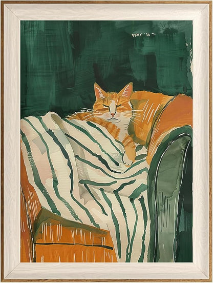 ASTRDECOR Minimalist Framed Wall Art - Cozy Cat Sleeping on Couch with Vintage Green & White Striped Blanket, Trendy Cute Orange Cat Canvas Posters, Modern Aesthetic Bedroom Apartment or Living Room Décor 12x16Inch