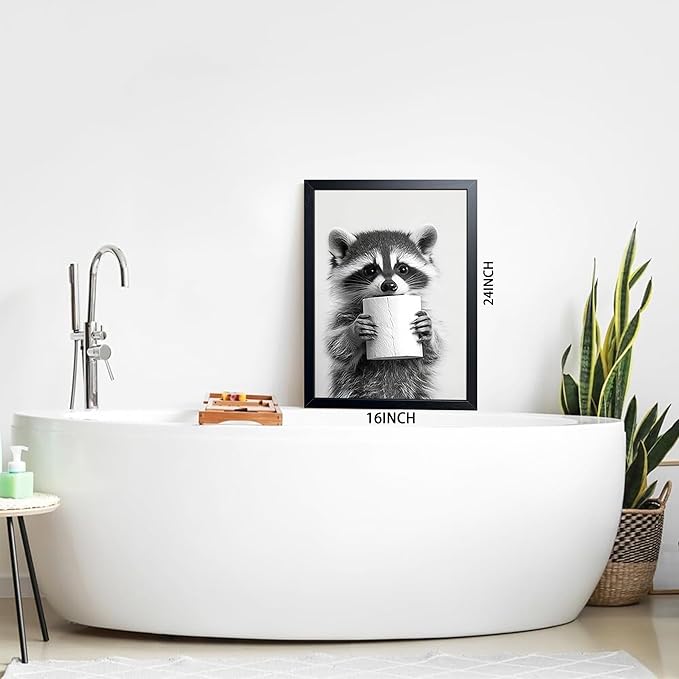 XYHYRA Bathroom Wall Art, Cute Black and White Raccoon Canvas Prints Poster, Funny Animal Decor Oil Painting, Modern Farmhouse Picture Artwork for Bathroom Toilet Wall Decor 16x24 Inch Framed