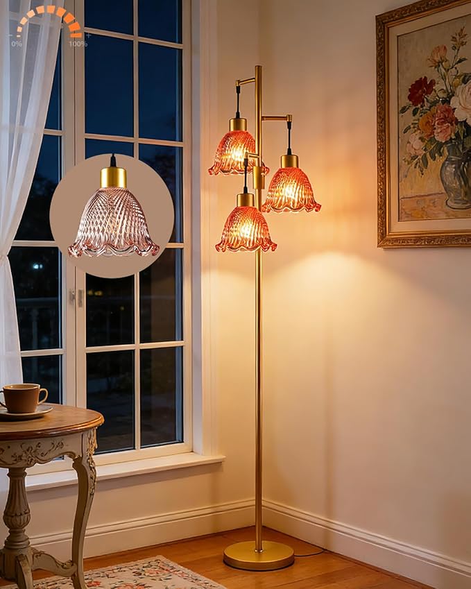 3-Light Modern Glass Floor Lamp, Gold Standing Tall Lamp with Deep Red Lily Glass Shade for Reading, Dimmable LED Floor Lamp with 5Lbs Heavy Base for Living Room Bedroom Home Decor, Bulb Included