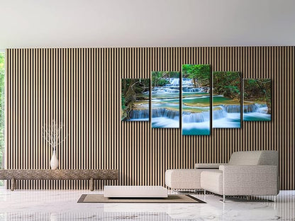 Wieco Art 5 Panels Peaceful Waterfall Giclee Canvas Prints Wall Art Paintings for Wall Decor Dining Room Kitchen Extra Large Modern Gallery Wrapped Artwork Green Landscape Pictures on Canvas XL