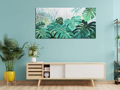 Enartly Tropical Green Leaf Canvas Wall Art Monstera Palm Leaf Painting Jungle Plant Botanical Picture Nature Artwork Print Framed for Living Room Bedroom Bathroom Office Home Decor, Large 40"x20"