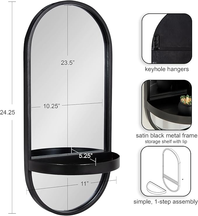 Kate and Laurel Estero Modern Metal Oval Mirror with Rounded Shelf; 11 x 25; Black; Decorative Contemporary Capsule Shelf Mirror for Storage and Display