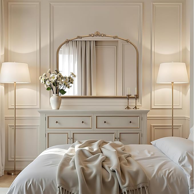 Besdomus Vintage Gold Arched Mirror: 36"x29" Traditional Ornate Antique Mirror - French Baroque Decorative for Wall/Mantel/Bedroom/Entryway/Bathroom/Hallway - Home Decor for Fashion-Conscious