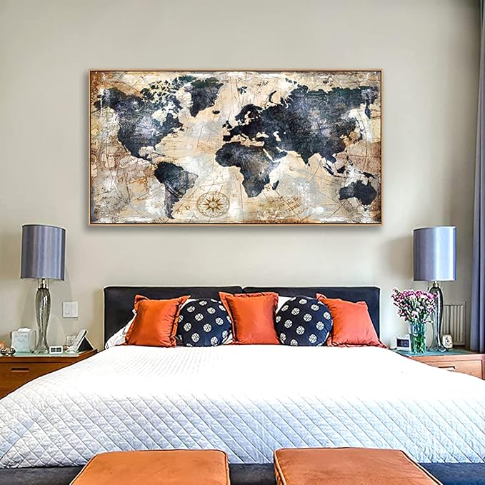 Framed Wall Art World Map Canvas Art Print Picture Wall Decor Home Interior - Map Picture for Office Decor Travel Memory Nautical Canvas Artwork 24x48 inch Ready to Hang (Framed)