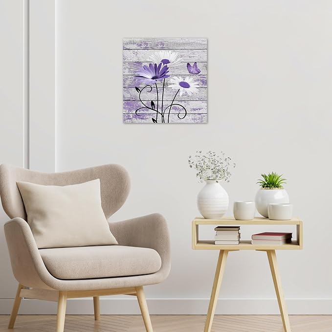 HVEST Farmhouse Purple Floral Wall Art for Living Room, Daisy and Butterfly on Rustic Wood Canvas Wall Art Nature Plant Flower Pictures for Bathroom Bedroom Apartment Wall Decor,12L X 12W inches