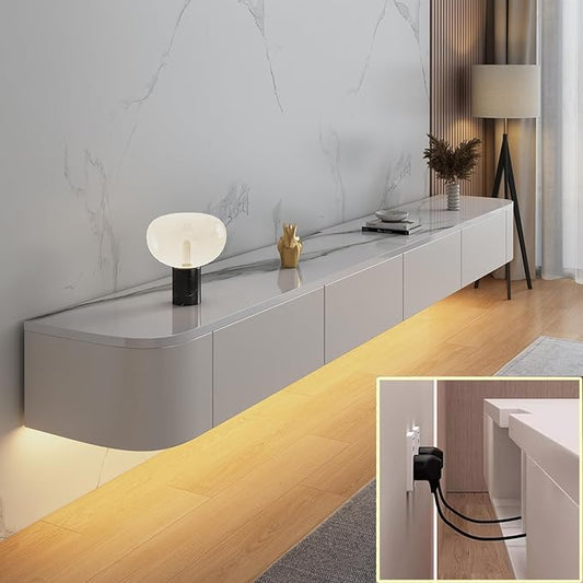 Floating TV Stand Large Floating TV Shelves Wall Mounted Multi Storage Compartment TV Media Console Floating TV Cabinet Bench Under TV Large Storage (Rock White With Led, 102.4 * 7.9 * 9.4 IN)