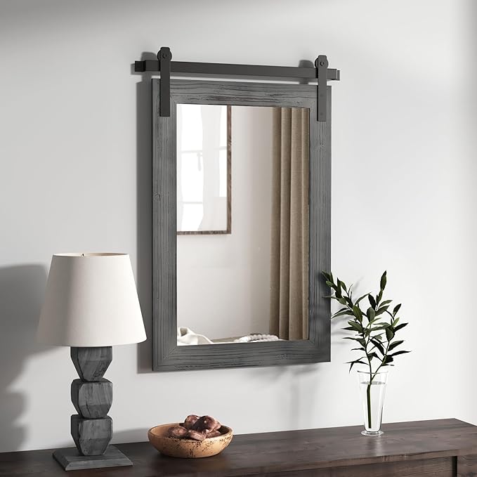 COGOOD Bathroom Mirrors for Over Sink - 22 x 30 Farmhouse Barn Door Wall Mirror for Bathroom, Living Room, Entryway Wall Decor Grey