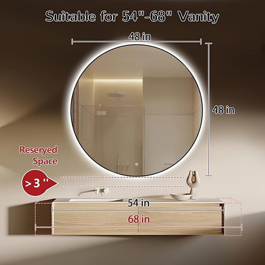 Niccy 48" LED Backlit Round Mirror for Bathroom, Black Framed Vanity Light Wall Mirror, LED Smart Circle Mirrors with 3 Lighting Colors, Round Lighted Mirror with Anti-Fog, IP65 Waterproof