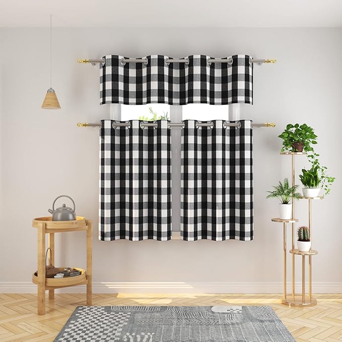 3 Pc Cotton Classic Country Farmhouse Kitchen Window Curtain Grommet Top -Black & White Buffalo Check Tier & Valance Set, 54" x 18" / 32" x 30"