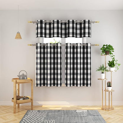 3 Pc Cotton Classic Country Farmhouse Kitchen Window Curtain Grommet Top -Black & White Buffalo Check Tier & Valance Set, 54" x 18" / 32" x 30"