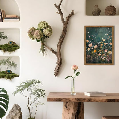 Dark Green Wildflower Wall Art Vintage Moody Botanical Wall Decor Painting Cottagecore Floral Plant Artwork 3D Textured Sandstone for Living Room Bedroom 24x36 inch Wood Framed