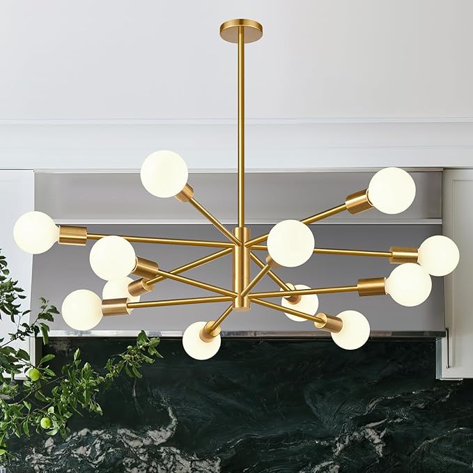 10.9"-52.3" Height Adjustable Modern Chandelier Ceiling Light Fixture, 12-Light Sputnik Chandeliers Brushed Gold Mid Century Chandelier Over Table, Chandeliers for Dining Room (Bulbs Not Included)