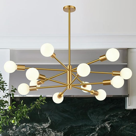 10.9"-52.3" Height Adjustable Modern Chandelier Ceiling Light Fixture, 12-Light Sputnik Chandeliers Brushed Gold Mid Century Chandelier Over Table, Chandeliers for Dining Room (Bulbs Not Included)