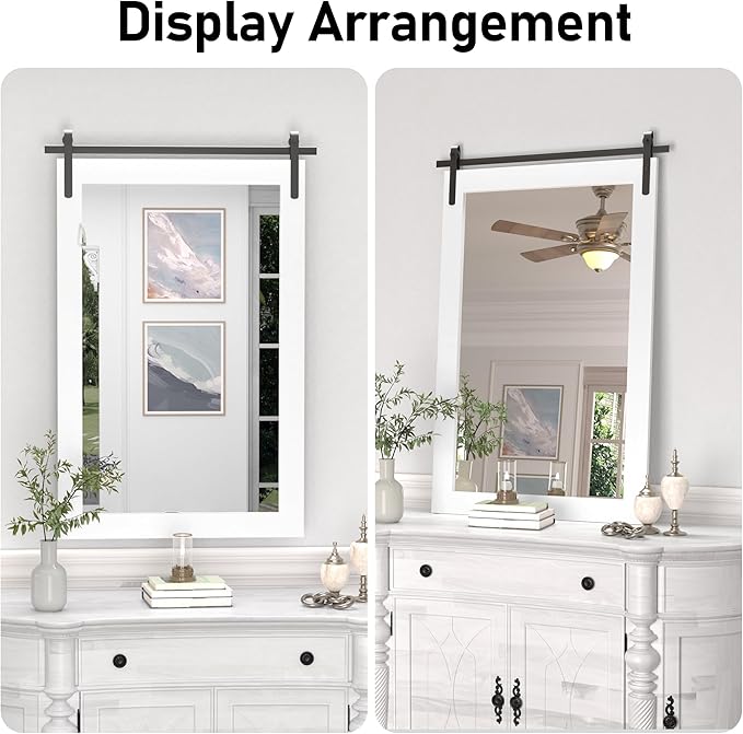 Farmhouse Bathroom Mirror, White Rustic Square Mirror for Wall Wood Framed Vanity Mirrors, Barn Door Style Decor Living Room Entryway Bedroom Mirrors, 24x36INCH (Hanging/Leaning)