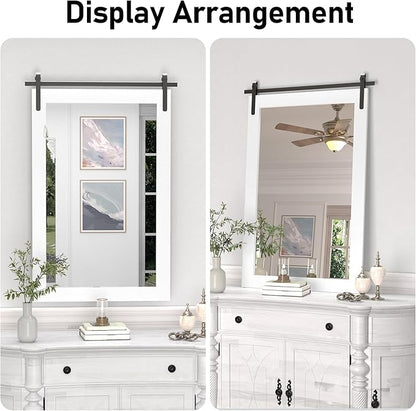 Farmhouse Bathroom Mirror, White Rustic Square Mirror for Wall Wood Framed Vanity Mirrors, Barn Door Style Decor Living Room Entryway Bedroom Mirrors, 24x36INCH (Hanging/Leaning)