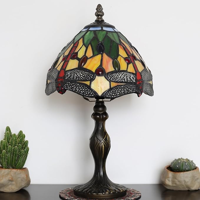 Tiffany Style Lamp Stained Glass Table Lamp 8 x 14.5 Mini Accent Light Yellow Dragonfly Design Small Decorative Bedside Reading Memory Lamp
