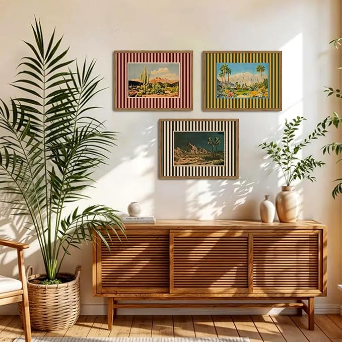 Framed Vintage Western Nature Landscape Wall Art Set of 3, Striped Postcards Southwest Desert Cactus Pictures Wall Decor Paintings, Boho Plant Canvas Prints for Living Room Bedroom Office 12x16 inch