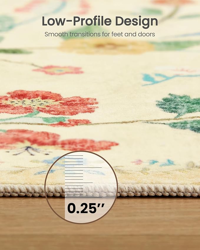 Amada 2.6x8 Washable Runner Rug, Non-Slip & Low-Profile Kitchen Area Rug with Reinforced Edge Binding, Boho Floral Pattern, Soft Long Entryway Rugs for Bedroom & Hallway