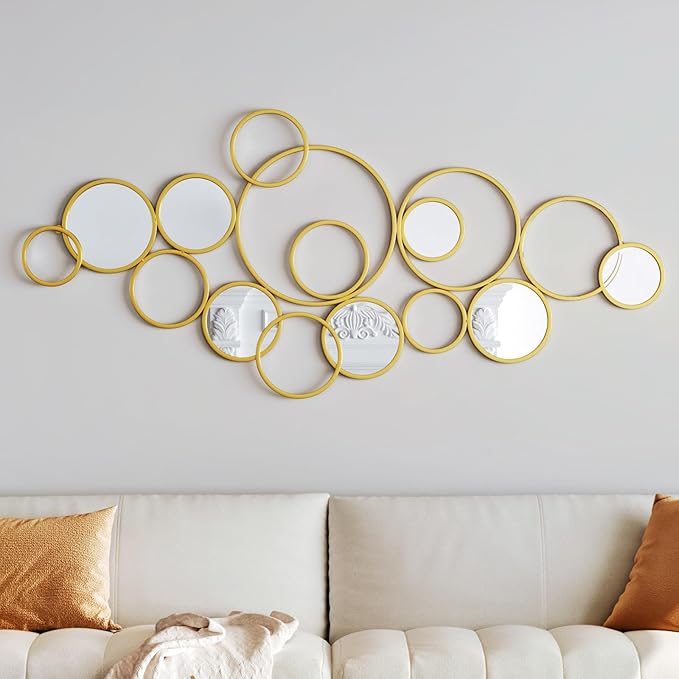 PERHOM Multiple Circles Wall Mirror - 58"x27" Large Gold Modern Decorative Mirror for Home Decor - Thick Metal Framed Split Wall Art Sculptures for Living Room, Entryway, Bedroom, Dinner Room