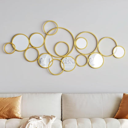 PERHOM Multiple Circles Wall Mirror - 58"x27" Large Gold Modern Decorative Mirror for Home Decor - Thick Metal Framed Split Wall Art Sculptures for Living Room, Entryway, Bedroom, Dinner Room