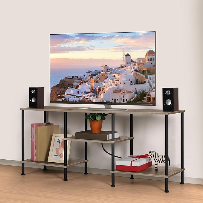50 inch TV Stand for Living Room Small Entertainment Center with Storage Shelf & Power Outlets, Modern Farmhouse TV Console Table Media Cabinet for Bedroom, Rustic Grey